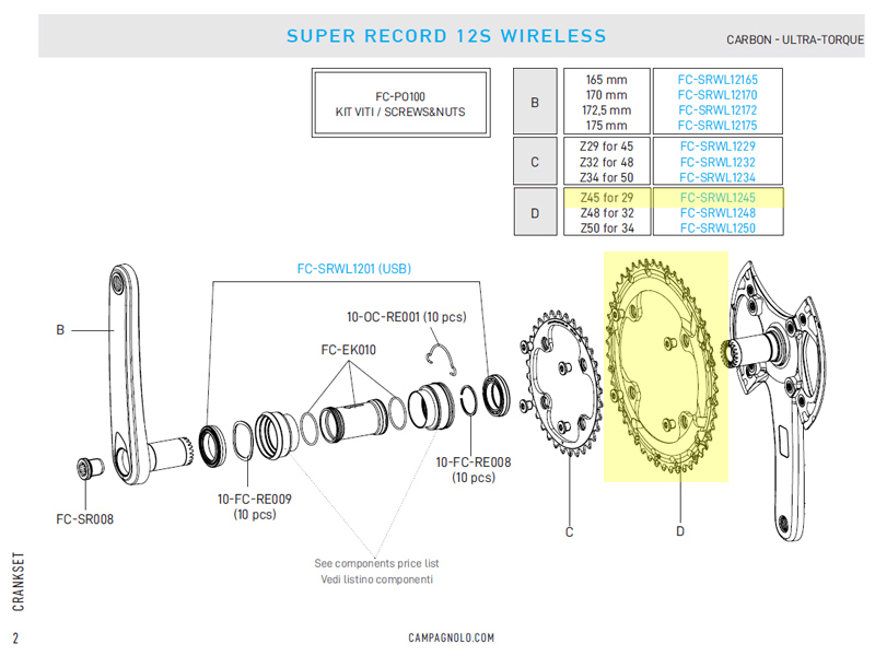 Campagnolo 45X29 chainring+screws - SR wl 12s