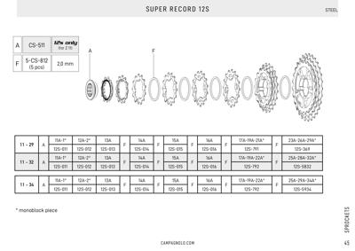 Campagnolo 12s - 11-34 - SUPER RECORD sprockets  (comp.only w RD20 codes)